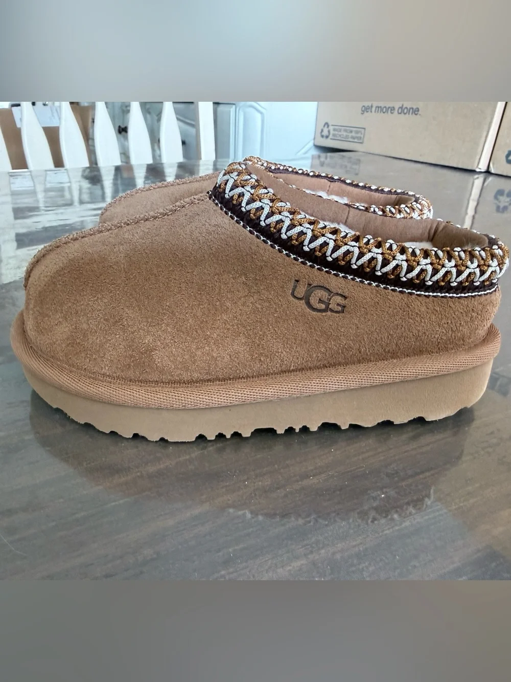 UGG Kids Tasman’s Chestnut Brown Suede Slip-On Slippers